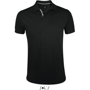 A black men's polo shirt made from 100% ring spun cotton, featuring a collar and short sleeves. It has a logo.