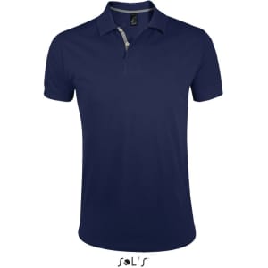 A navy blue men's polo shirt made from 100% ring spun cotton. The shirt features a collar and has a logo.