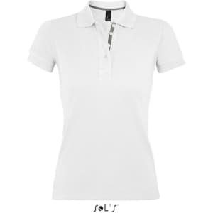 A white women's polo shirt made of 100% ring spun cotton, featuring a collar and a logo.