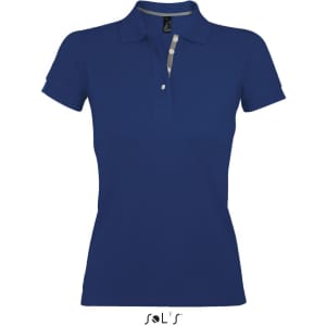A women's polo shirt in navy blue, featuring short sleeves, a classic collar, and a logo on the chest.