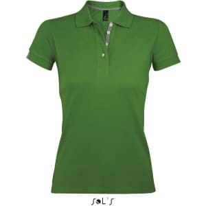 A green women's polo shirt made from 100% ring spun cotton, featuring a collar and button detailing.