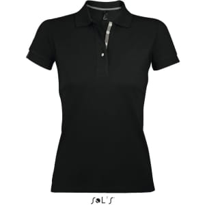A women's polo shirt in black, made from 100% ring spun cotton, featuring a collar and a logo.