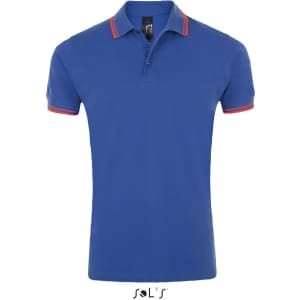 A blue men's polo shirt made of 100% ring spun cotton, featuring red accents and a logo.