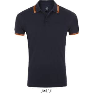 A navy blue polo shirt made from 100% ring-spun cotton with orange accents and a logo on the collar.