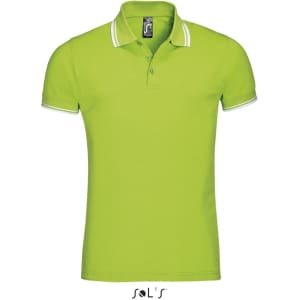 A men's polo shirt in bright green, made from 100% ring spun cotton, featuring a logo and contrasting collar.