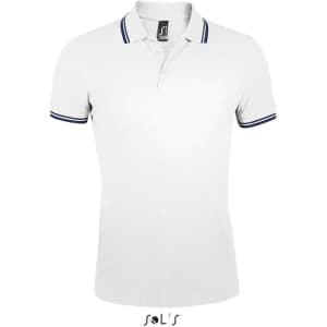 A white polo shirt made from 100% ring spun cotton, featuring contrasting navy blue stripes on the collar and sleeves.