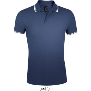 A navy blue men's polo shirt made of 100% ring spun cotton, featuring a logo and contrast stitching on the collar.
