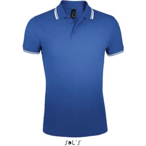 A blue polo shirt made of 100% ring spun cotton featuring contrasting stripes on the collar and sleeves.