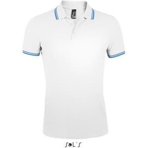 A white polo shirt made of 100% ring spun cotton, featuring blue stripes on the collar and sleeves.