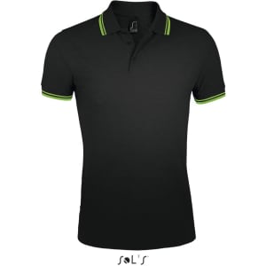 A men's polo shirt in black with green accents, made from 100% ring spun cotton, featuring a logo.