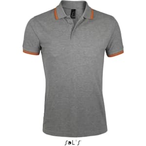 A grey men's polo shirt made of 100% ring spun cotton, featuring orange-striped detailing and a logo.