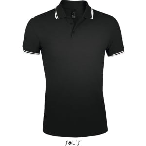 A black polo shirt made from 100% ring spun cotton, featuring white striped detailing on the collar and sleeves.