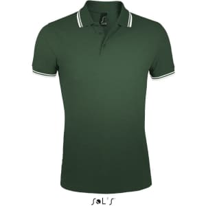 A green polo shirt made from 100% ring spun cotton with contrasting stripes on the collar and sleeves. It features a logo.