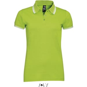 A lime green women's polo shirt made of 100% ring spun cotton, featuring a collar with white detailing and a logo.