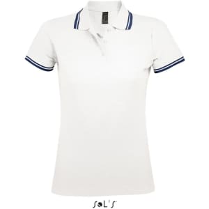 A women's polo shirt in white with navy stripes on the collar and sleeves, featuring a logo.