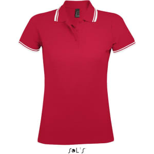 A red women's polo shirt made from 100% ring spun cotton, featuring contrasting collar stripes and a logo.