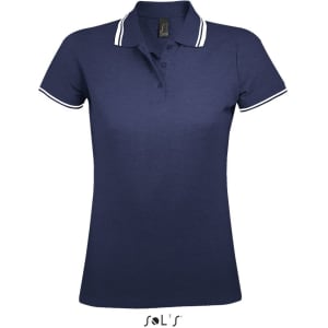 A navy blue women's polo shirt made of 100% ring spun cotton, featuring a contrasting collar with a logo.