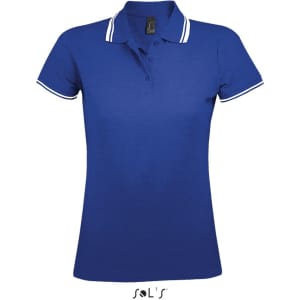 A blue women's polo shirt made of 100% ring spun cotton with white trim on the collar. Features a logo.