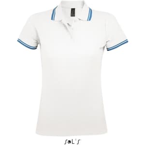 A white women's polo shirt made of 100% ring spun cotton, featuring blue striped detailing and a logo.