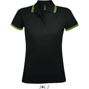 A black women's polo shirt made from 100% ring spun cotton, featuring green collar accents and a logo.