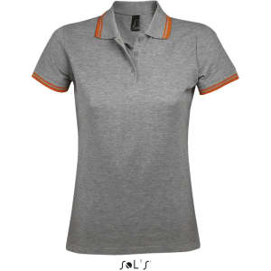A women's polo shirt in grey with orange-striped collar, made from 100% ring spun cotton. It features a logo.
