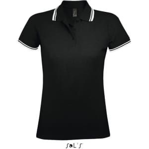 A black women's polo shirt made from 100% ring spun cotton, featuring contrasting white stripes on the collar.