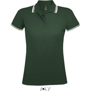 A women's polo shirt in dark green with white striped detailing on the collar. It features a logo.