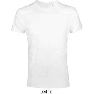 A men's round neck T-shirt in white, made from 100% semi combed ring spun cotton with a close fit. It has a logo.