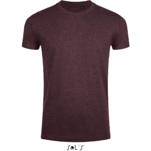 A maroon men's round neck T-shirt made from 100% semi-combed ring spun cotton, featuring a close fit and logo.