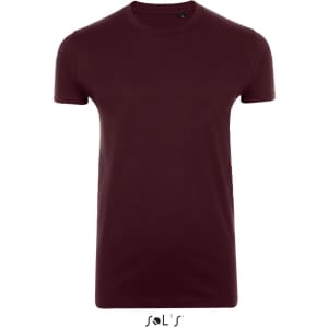 A maroon men's round neck T-shirt made from 100% semi-combed ring spun cotton with a close fit. Features a logo.