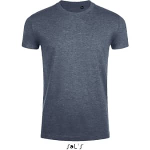 A men's round neck T-shirt in dark blue, made from 100% semi-combed ring spun cotton with a close fit. It has a logo.