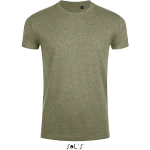 A men's round neck T-shirt in olive green, made from 100% semi-combed ring spun cotton, featuring a close fit and logo.