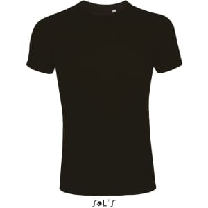 A black men's round neck T-shirt made from 100% semi-combed ring-spun cotton with a close fit. Features a logo.
