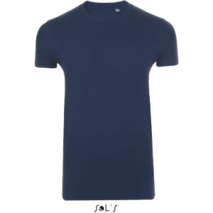 A navy blue men's round neck T-shirt made from 100% semi-combed ring-spun cotton with a close fit. Features a logo.