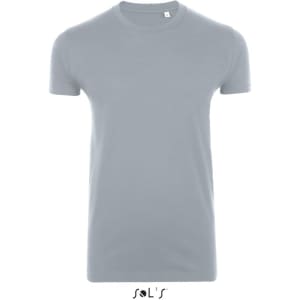 A light grey men's round neck T-shirt made from 100% semi combed ring spun cotton in a close fit, featuring a logo.