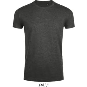 A men's round neck T-shirt in dark grey, made from 100% semi-combed ring spun cotton. Features a close fit and logo.