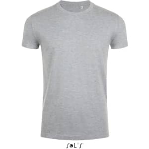 A men's round neck T-shirt in light grey, made from 100% semi combed ring spun cotton, featuring a close fit design.