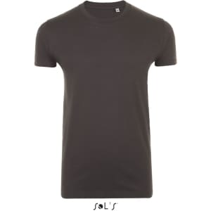 A men's round neck T-shirt in a dark grey colour, made from 100% semi-combed ring-spun cotton with a close fit.