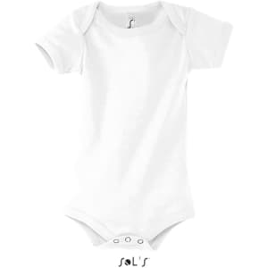 A white baby bodysuit with short sleeves, featuring a logo on the front.