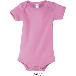 A pink baby bodysuit with short sleeves and a snap closure at the bottom. It features a branding logo.