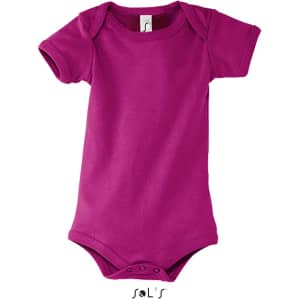 A short-sleeved bodysuit in bright magenta, featuring snaps at the bottom and a tag with a logo.