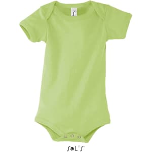 A light green baby bodysuit with short sleeves and snaps at the bottom, featuring a logo.
