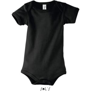 A short-sleeved black baby bodysuit featuring a simple design and a tag inside. It includes a branding label.