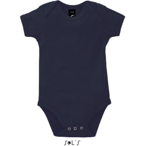 A navy blue baby bodysuit with short sleeves and a branded tag, featuring snap closure at the bottom.