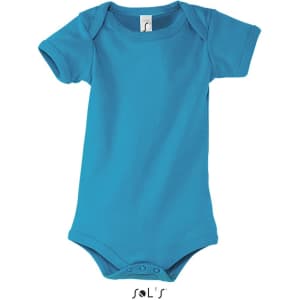 A blue baby bodysuit with short sleeves and a snap closure at the bottom, featuring a logo.