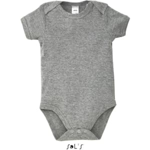 A grey short-sleeved baby bodysuit featuring a snap closure at the bottom and a logo on the front.