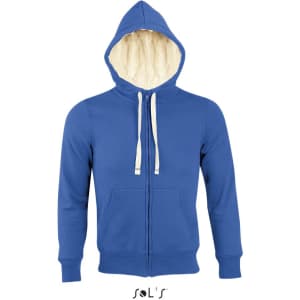 A blue unisex hoodie featuring super warm Sherpa lining, with a hood and front pockets. Includes a logo.
