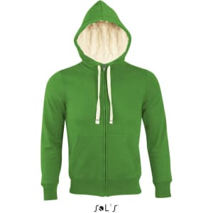 A green unisex hoodie featuring a super warm Sherpa lining, made from 80% cotton and 20% polyester, with a logo.