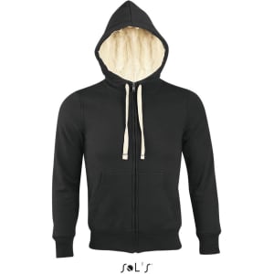 A black unisex hoodie with a super warm Sherpa lining, featuring a zippered front and a logo at the bottom.