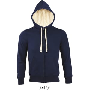 A navy blue unisex hoodie with super warm Sherpa lining, featuring a zip front, drawstring hood, and front pockets.